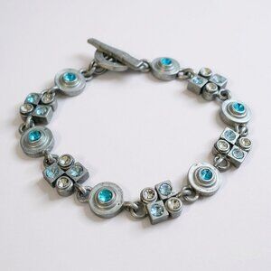 Vintage M4M Link Bracelet Silver Tone Blue Amber Crystal Toggle Clasp Geometric